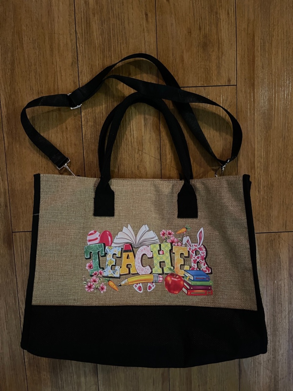 Beige and Black Canvas Tote with Colorful Teacher Graphic